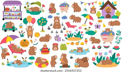 Big vector capybara set. Cute capibara animals collection with bath, fruit, reeds, birds. Funny guinea pigs meditating, sleeping, relaxing, swimming with tangerines, eating ice-cream, having fun