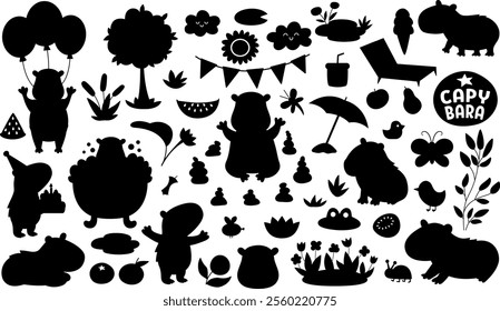 Big vector capybara silhouettes set. Cute shadow capibara animals collection with bath, fruit, reeds, birds. Funny guinea pigs stamps meditating, sleeping, relaxing, having fun