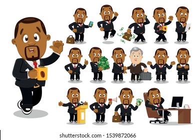 Big vector cartoon set with afro-american businessman who communicating by phone, keeping money, briefcase, jumping for joy, shaking hands, speaking from rostrum, reading papers, showing thumb up.