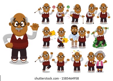 Big vector cartoon set with afro-american aged man who having health problems, standing with his wife, son, saving money, jumping for joy, putting hand to ear to hear better, is angry.