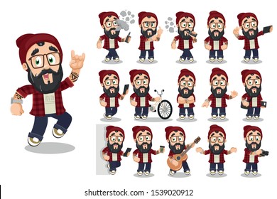 Big vector cartoon set with bearded hipster who cycling, smoking, playing guitar, taking selfie, picture, making helpless gesture, drinking coffee, waving hand, standing, crossing arms on breast.