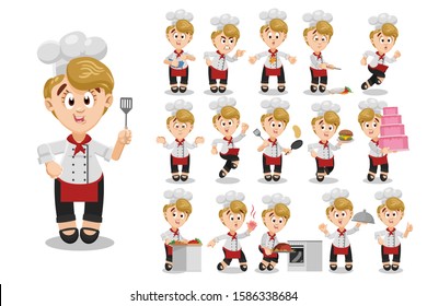 Big vector cartoon set with blond woman, chef who cooking, carrying tier cake, hot dish, hamburger, dropping tray, cutting vegetables, looking to burnt palm, jumping for joy, running, toasting pancake