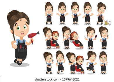 Big vector cartoon set with brown haired young woman, hairdresser who serving client, speaking by smartphone, running, sweeping floor, showing yes, helpless gestures, thumb up, keeping scissor, brush.