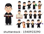 Big vector cartoon set with catholic priest who praying to God, keeping pile of money, speaking on rostrum, give blessing to girl, reading sermon, holding burning candle, big holi bible.