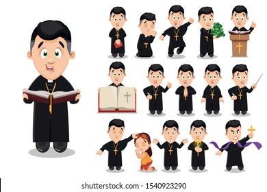 Big vector cartoon set with catholic priest who praying to God, keeping pile of money, speaking on rostrum, give blessing to girl, reading sermon, holding burning candle, big holi bible.
