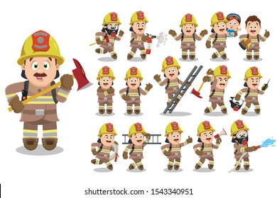 Big vector cartoon set with firefighter who carrying girl, ladder, hose, running in gaz mask, extinguishing fire, showing thumb up, speaking to megaphone, walkie-talkie, making helpless gesture.