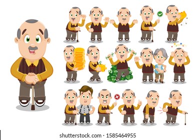 Big vector cartoon set with mustached aged man who showing thumb up, having health problems, holding piggy bank, pile of coins, permissive and prohibited signs, standing near son, wife, is upset.