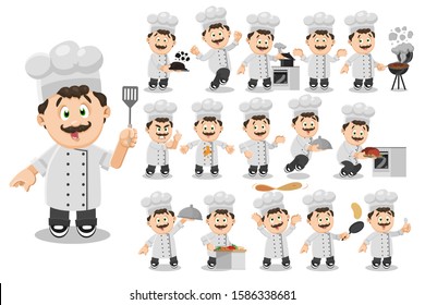 Big vector cartoon set with mustached chef in uniform who cooking, cutting vegetables, keeping hot dish, jumping for joy, looking to burnt food, bandaged thumb, making helpless gesture, middle finger.