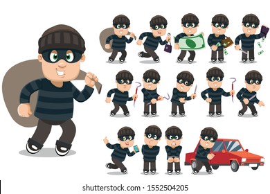 Big vector cartoon set with robber, burglar who stealing money, wallet, handbag, smartphone, cracking car lock, running away, committing crimes with knife and picklock, standing in handcuffs.