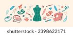Big vector cartoon set of sewing tools elements. Threads, buttons, scissors, mannequin, patterns, sewing machine and iron. For advertising design of hobby and creative goods stores. Scandinavian style