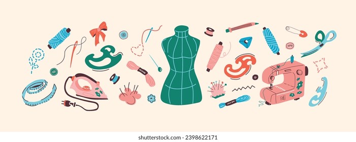 Big vector cartoon set of sewing tools elements. Threads, buttons, scissors, mannequin, patterns, sewing machine and iron. For advertising design of hobby and creative goods stores. Scandinavian style