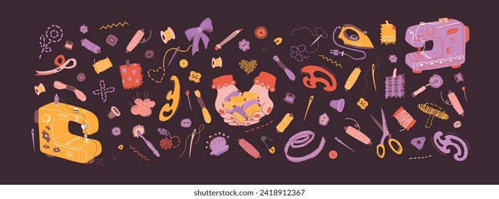 Big vector cartoon set of sewing tools elements on dark background. Threads, buttons, scissors, hands holding threads. For advertising design of hobby and creative goods stores. Scandinavian style.