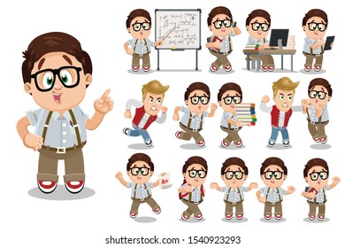 Big vector cartoon set with spectacled plump teen who standing near white board, preparing to exams, speaking by smartphone, using tablet, jumping for joy, showing hand gestures, going with backpack.