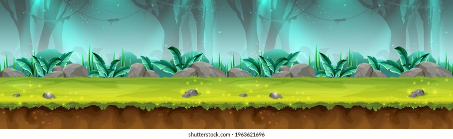 Big vector cartoon style seamless mystery rain forest illustration for game design, app, websites.