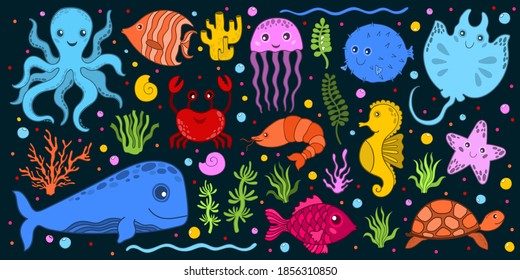 Big vector children baby set of marine underwater animals. Cartoon style.Octopus, whale, jellyfish, turtle, stingray, fish, crab, seahorse, shrimp, starfish, puffer fish.    Nature collection.