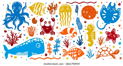 Big vector children baby set of marine underwater animals.Isolated objects in cartoon style.Octopus, whale, jellyfish, turtle, stingray, fish, crab, seahorse, shrimp, starfish, puffer fish.