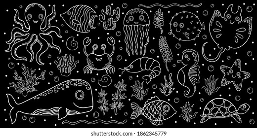 Big vector children baby set of marine underwater animals.Isolated objects in cartoon style.Octopus, whale, jellyfish, turtle, stingray, fish, crab, seahorse, shrimp, starfish, puffer fish.