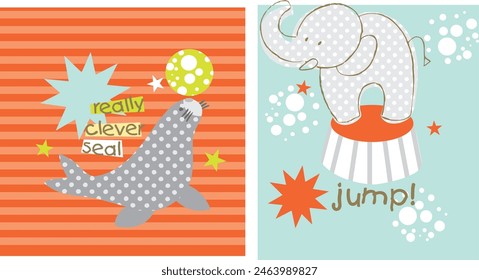 Big vector circus set. Cute elephant and seal with ball.