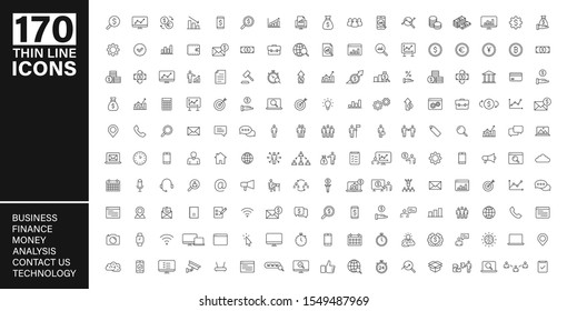 Big vector collection of 170 thin line Web icon. Business, contact us, money, analysis, banking, technology, social media. Set icons. Vector illustration.