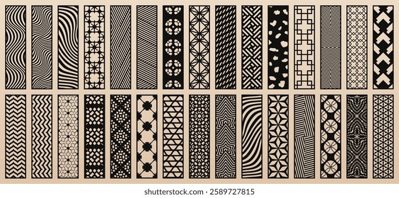 Big vector collection of 30 templates for laser cut. Trending design with abstract geometric patterns, modern oriental ornaments. Templates for CNC cutting of wood, paper, metal. Aspect ratio 1:4
