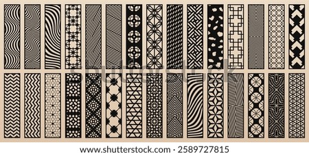 Big vector collection of 30 templates for laser cut. Trending design with abstract geometric patterns, modern oriental ornaments. Templates for CNC cutting of wood, paper, metal. Aspect ratio 1:4