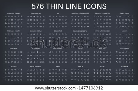 Big vector collection of 576 thin line Web icon. Business, finance, seo, shopping, logistics, medical, health, people, teamwork, contact us, arrows, technology, social media, education, creativity. Foto d'archivio © 