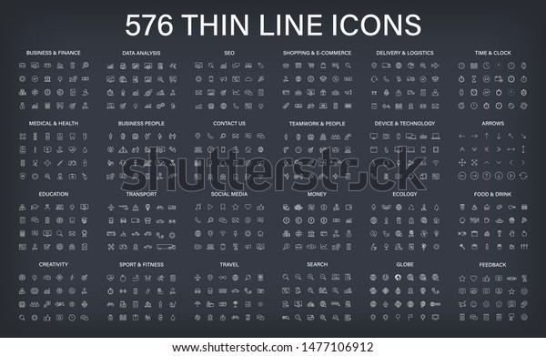 Big vector collection of 576 thin line Web\
icon. Business, finance, seo, shopping, logistics, medical, health,\
people, teamwork, contact us, arrows, technology, social media,\
education, creativity.