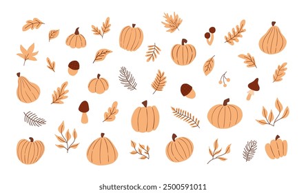 Big vector collection of autumn, in shades of orange. Leaves, pumpkin, mushrooms, acorns, tree branches, yellow. A cozy and cute set is hand drawn in a cartoon style. Isolated on white background
