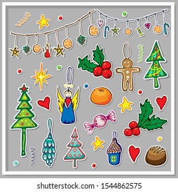 big vector collection of christmas stickers. Cute illustration of winter and christmas hygge elements. xmas doodle clip art set. New year icons isolated. Winter season decorative elements for holidays