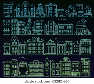 Big vector collection of color urban structures at night. Illustration of different public detailed buildings on black background. Thin gradient line art design for web, site, advertising, banner