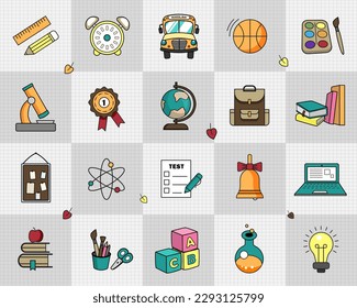 Big vector collection of colorful school icons. Cartoon icons education, school.