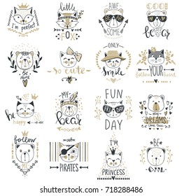 Big Vector collection with  cute animals. Set with teddy bears, cats, fox. Trendy design in sketch style  t-shirt print, cards, poster. Doodle kids series Funny characters. Cartoon art. 