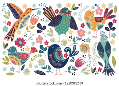 Big vector collection with cute birds and flowers