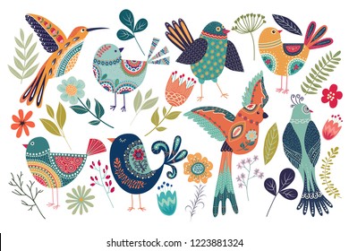 Big vector collection with cute birds and flowers