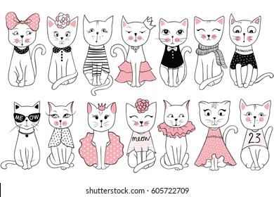 Big Vector collection with cute fashion cats. Stylish kitten set. Trendy illustration in sketch style  t-shirt print, cards, poster. Doodle Kitty. Kids animals series. Funny character.