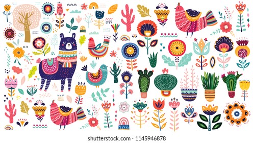 Big vector collection with cute Llama, cacti and flowers. 