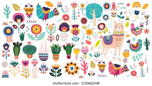 Big vector collection with cute Llama, cacti and flowers. 
