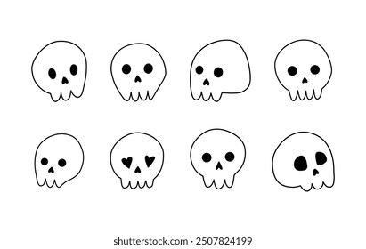 Big vector collection of cute skulls in doodle style. Mystical hand drawn illustration. Isolated on white background