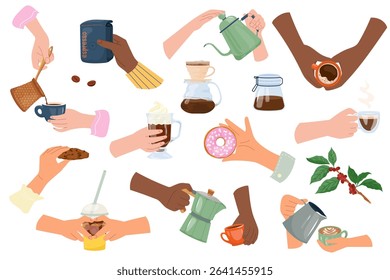 Big vector collection of diverse hands making and serving coffee. Espresso, pour over, moka, cappuccino, iced coffee and desserts. Perfect for cafe menu, card, banner, poster, print and design element