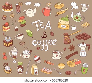 Big vector collection of doodle tea and coffee. Equipment and dessert, spoon, sweets, cake, cup, teapot, bakery and cookery. Color.