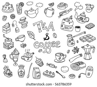 Big vector collection of doodle tea and coffee. Equipment and dessert, spoon, sweets, cake, cup, teapot, bakery and cookery. Outline. Back and white. 