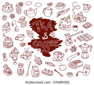 Big vector collection of doodle tea and coffee. Equipment and dessert, spoon, sweets, cake, cup, teapot, bakery and cookery. Outline. Brown chocolate color. 