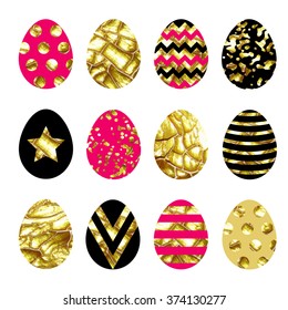 Big vector collection with easter eggs. Gold paint with crack effect.