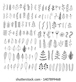 Big vector collection of flower ornament dividers isolated on white background. Hand drawn floral decoration and sketch leaves