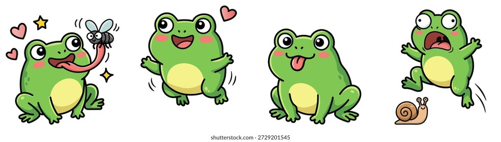Grande coleção de vetores de sapos kawaii engraçados com um conjunto de quatro personagens bonitos ideais para adesivos e design. Este pacote exclusivo destaca o anfíbio verde favorito da internet com mascotes exclusivos e altamente detalhados desenhados em um estilo moderno doodle com contornos grossos. O conjunto inclui um animal verde alegre pegando uma mosca com uma língua pegajosa longa para simbolizar a fome, um sapo adorável saltando com alegria cercado por corações cor-de-rosa representando amor e emoção, uma criatura de pântano atrevido colocando sua língua para fora em uma expressão divertida provocação, e uma cena hilária onde um sapo assustado corre gritando de um pequeno caracol lento. Essas ilustrações são criadas em formato vetorial com linhas limpas e cores brilhantes, como verde, amarelo e rosa, todas isoladas em um plano de fundo branco. Este clipart versátil é adequado para uma ampla gama de projetos comerciais, incluindo impressão de camisetas, pacotes de adesivos para Telegram e WhatsApp, ilustrações de livros infantis sobre a natureza, scrapbooking, web design e aplicativos móveis.
