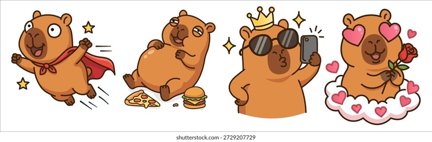 Big vector collection of funny kawaii animals featuring a set of four cute characters ideal for stickers and design. This exclusive bundle highlights the internet's favorite giant rodent with unique and highly detailed mascots drawn in a trendy doodle style with thick contour outlines. The set includes an angry office worker mascot snapping a pencil in half to symbolize stress and rage, a sleeping creature curled up counting jumping sheep representing rest and sweet dreams, a cheerful character laughing out loud at a smartphone screen depicting digital entertainment and joy, and an adorable cavy taking a bubble bath in a tub with a yellow rubber duck to illustrate relaxation and hygiene. These illustrations are created in vector format with clean lines and bright colors like brown, white, and blue, all isolated on a white background. This versatile clipart is suitable for a wide range of commercial projects including T-shirt printing, sticker packs for Telegram and WhatsApp, children's book illustrations, scrapbooking, web design, planner decoration, and mobile apps.