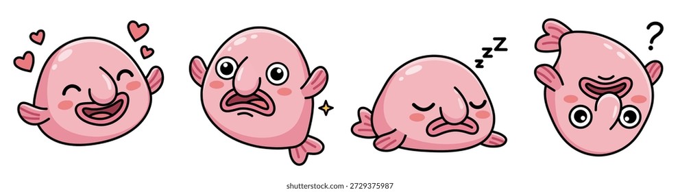 Grande coleção de vetores de personagens divertidos kawaii blobfish apresentando um conjunto de quatro criaturas fofas do mar profundo ideal para adesivos e design. Este pacote exclusivo destaca o animal feio-bonito favorito da internet com mascotes exclusivos e altamente detalhados desenhados em um estilo moderno doodle com contornos grossos. O conjunto inclui um peixe rosa alegre cercado por corações representando amor e afeto, um personagem chocado com olhos largos simbolizando surpresa ou notícias súbitas, um animal marinho adormecido cochilando com símbolos de Zzz para descanso e relaxamento, e um mascote confuso de cabeça para baixo com um ponto de interrogação representando curiosidade e tolice. Essas ilustrações são criadas em formato vetorial de alta qualidade com linhas limpas e cores rosa brilhantes, todas isoladas em um fundo branco. Este clipart versátil é adequado para uma ampla gama de projetos comerciais, incluindo impressão de camisetas, pacotes de adesivos para Telegram e WhatsApp, ilustrações de livros infantis sobre a vida no oceano, scrapbooking, web design e aplicativos móveis.