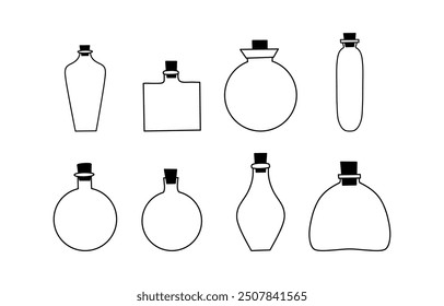Gran colección de Vector de botellas de vidrio en estilo doodle. Ilustración dibujada a mano lineal. Aislado en el fondo blanco
