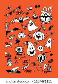 Big vector collection of Halloween elements, including pumpkins, mushrooms, sweets, skulls, bats, poison, ghosts. Vector illustration. Good for cards, sticker sets, prints on fabric