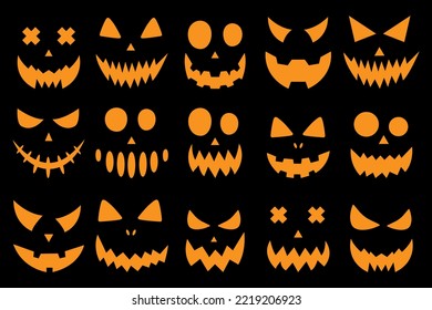 Big vector collection halloween pumpkin faces isolated on black background. Halloween decoration design. Vector
